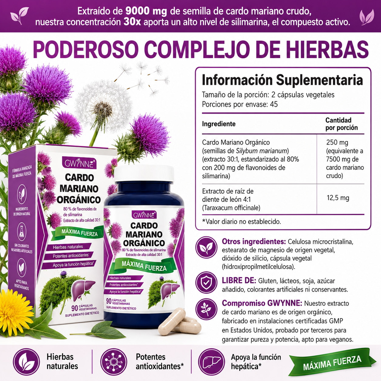Gwynne Cardo Mariano Orgánico Cápsulas,silymarin Milk Thistle 30:1 Extracto,apoyo A La Desintoxicación Y Reparación Del Hígado,apoyo A Los Antioxidantes,muscular Y Óseo,90 Cápsulas
