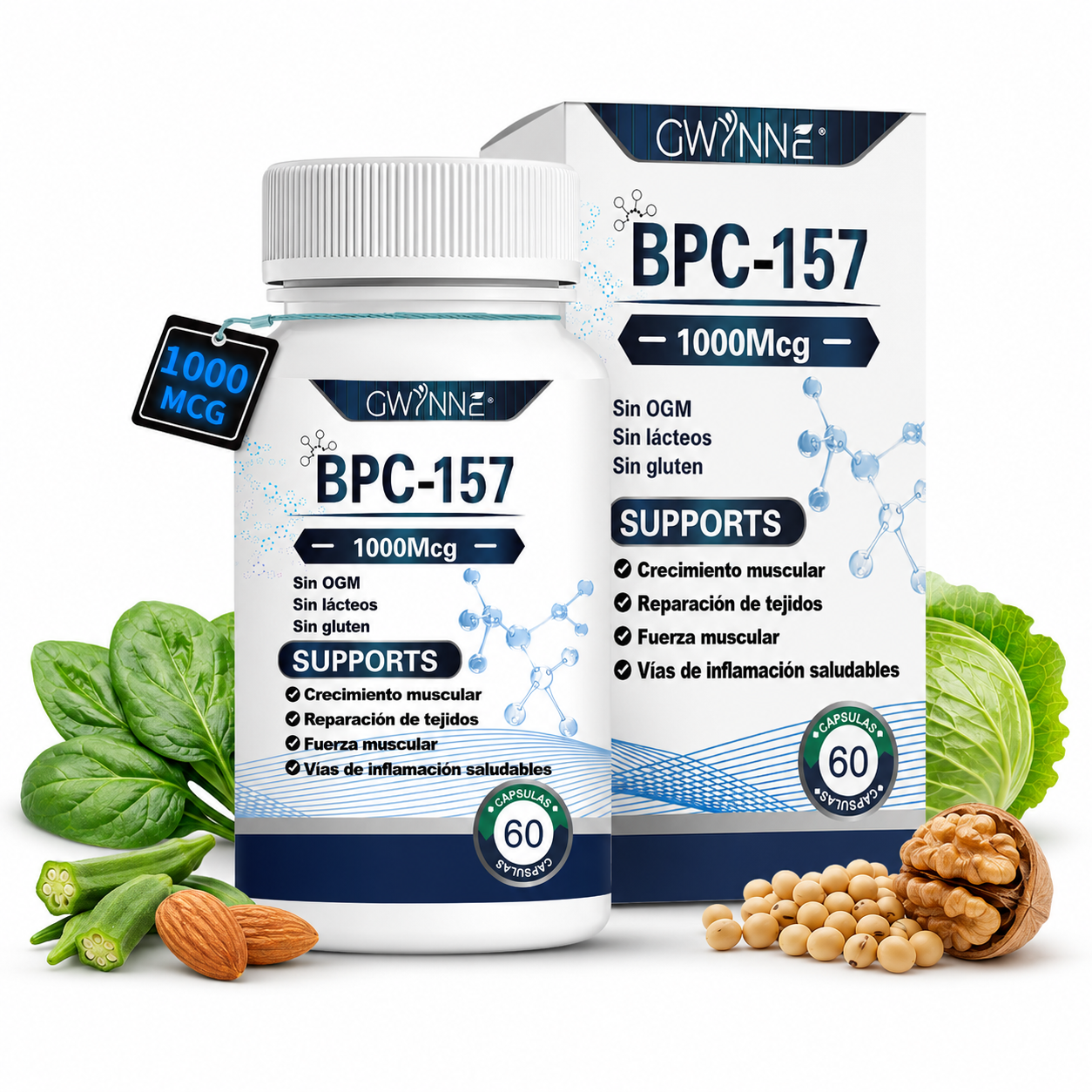 Gwynne Cápsulas De Péptidos Bpc-157 De Alta Potencia Para La Recuperación Muscular Y Del Ejercicio, Recuperación Acelerada Y Curación Intestinal 1000mcg 60 Cápsulas