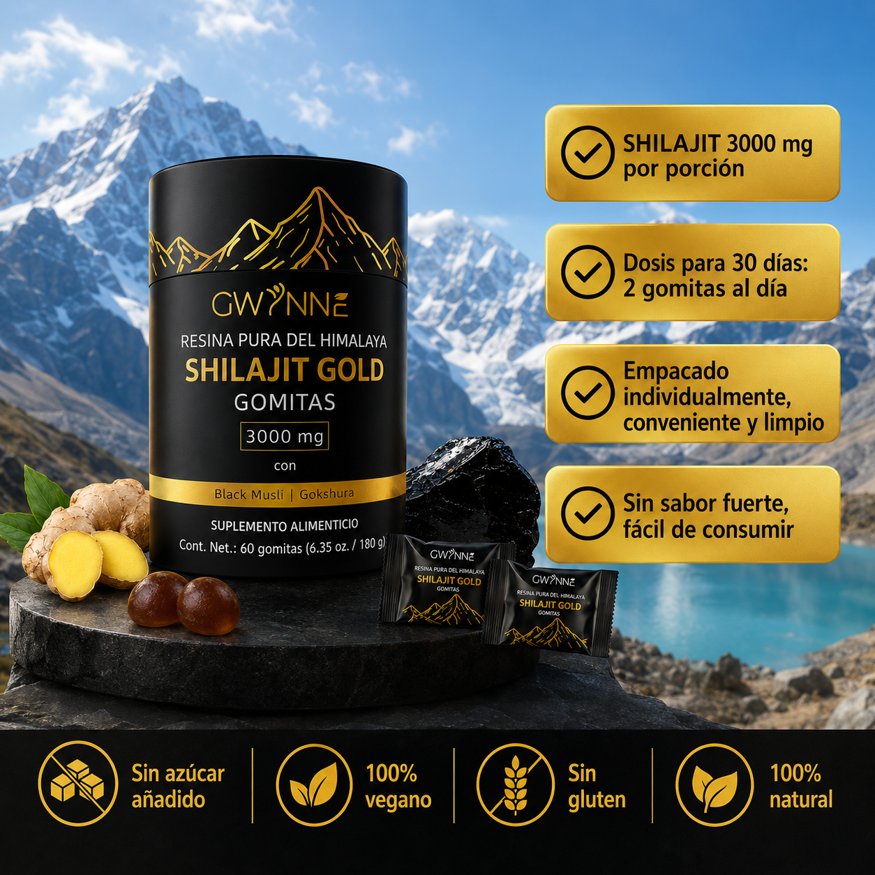 Gwynne Shilajit Gummies Puro Del Himalaya 85 Micronutrientes 3000mg Apto Para Hombres Y Mujeres 100% Natural Orgánico 60 Gommies