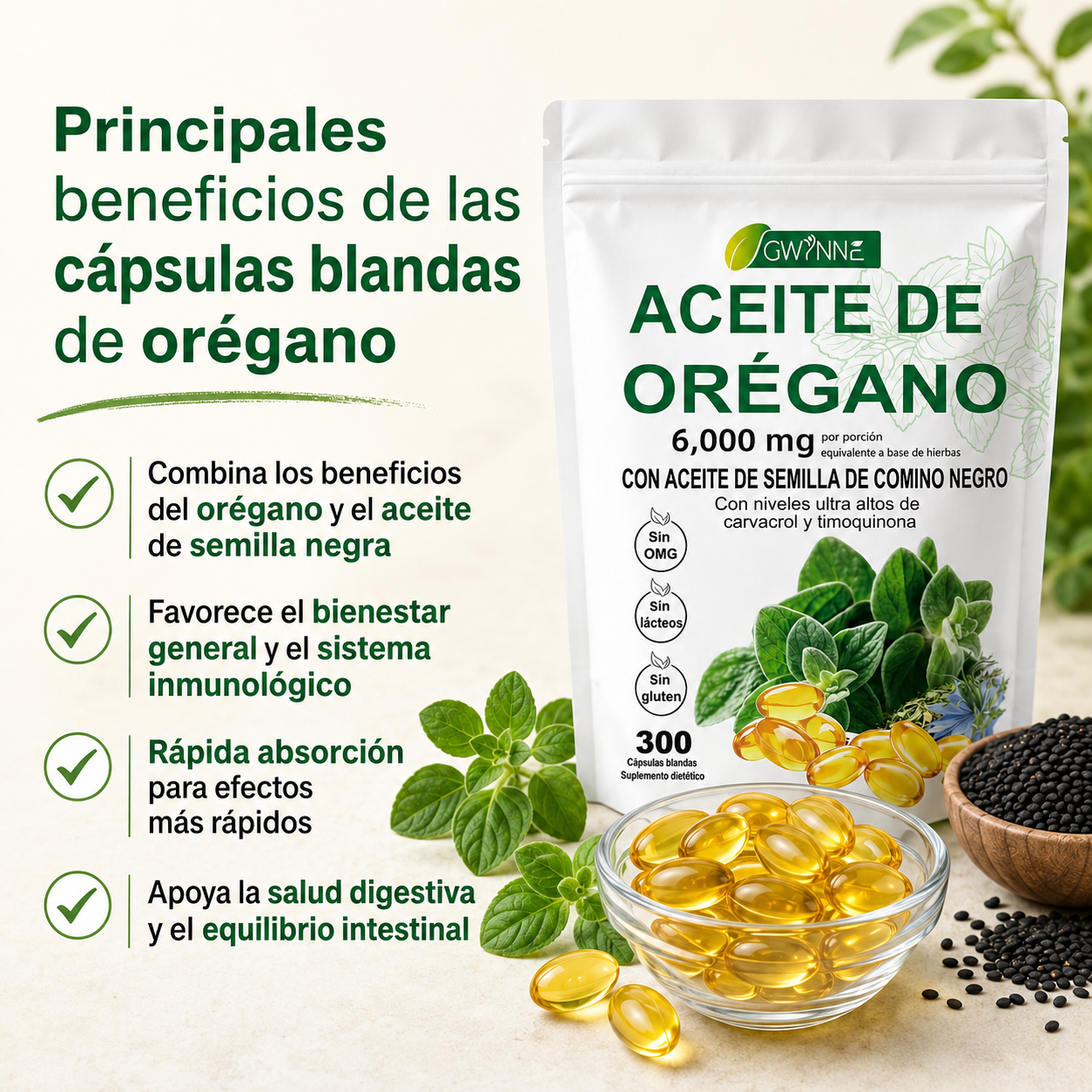 Gwynne Micro Ingredients Aceite De Orégano Cápsulas Oil Of Oregano Blandas 6000mg Por Dosis 300 Cápsulas