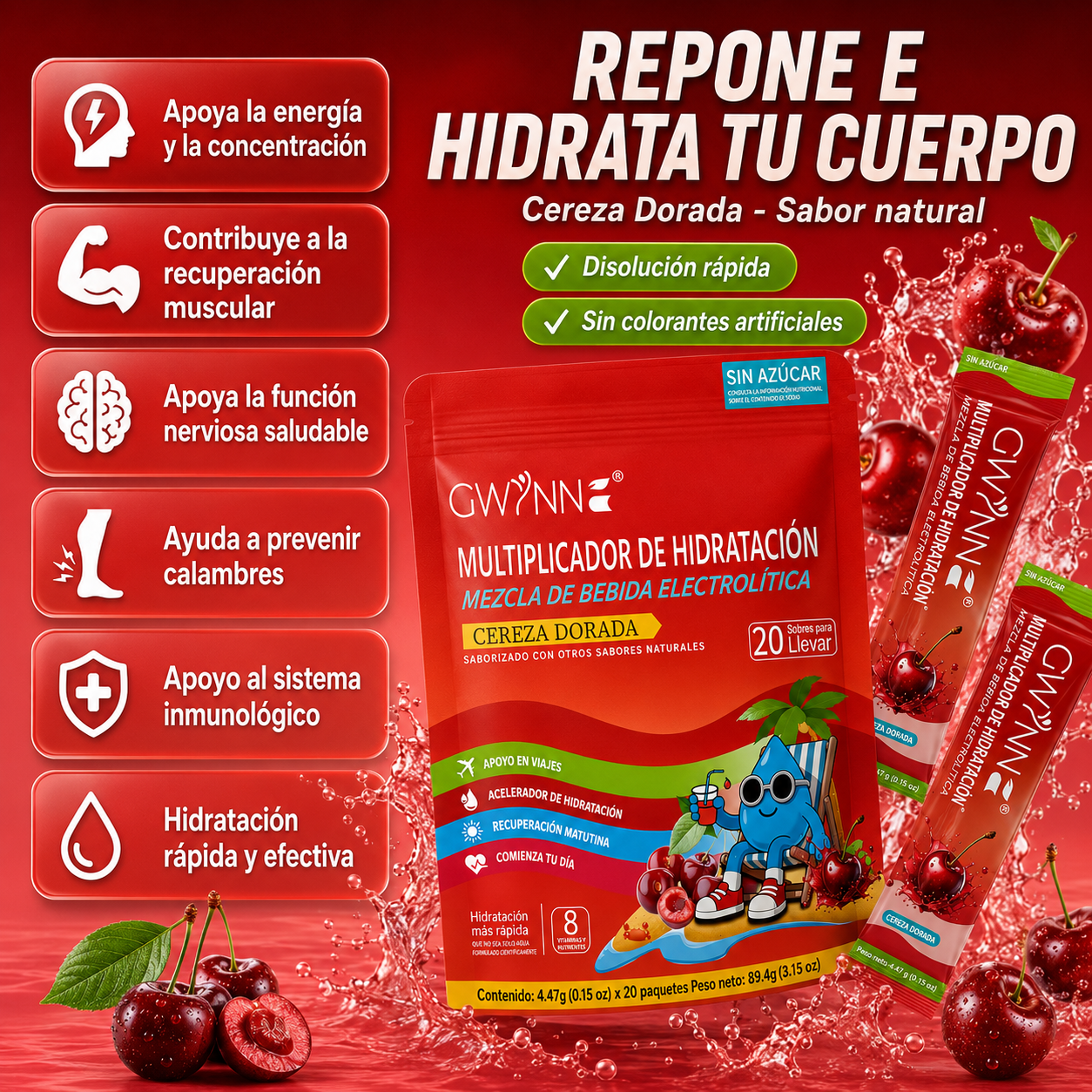 Gwynne Multiplicador De Hidratacion Mezcla De Bebida Electrolitica,supercalm Nutricional Bebidas Mixta En Polvo Con Sodio,vitamina C Y B12,sabor A Cereza 20 Unidade