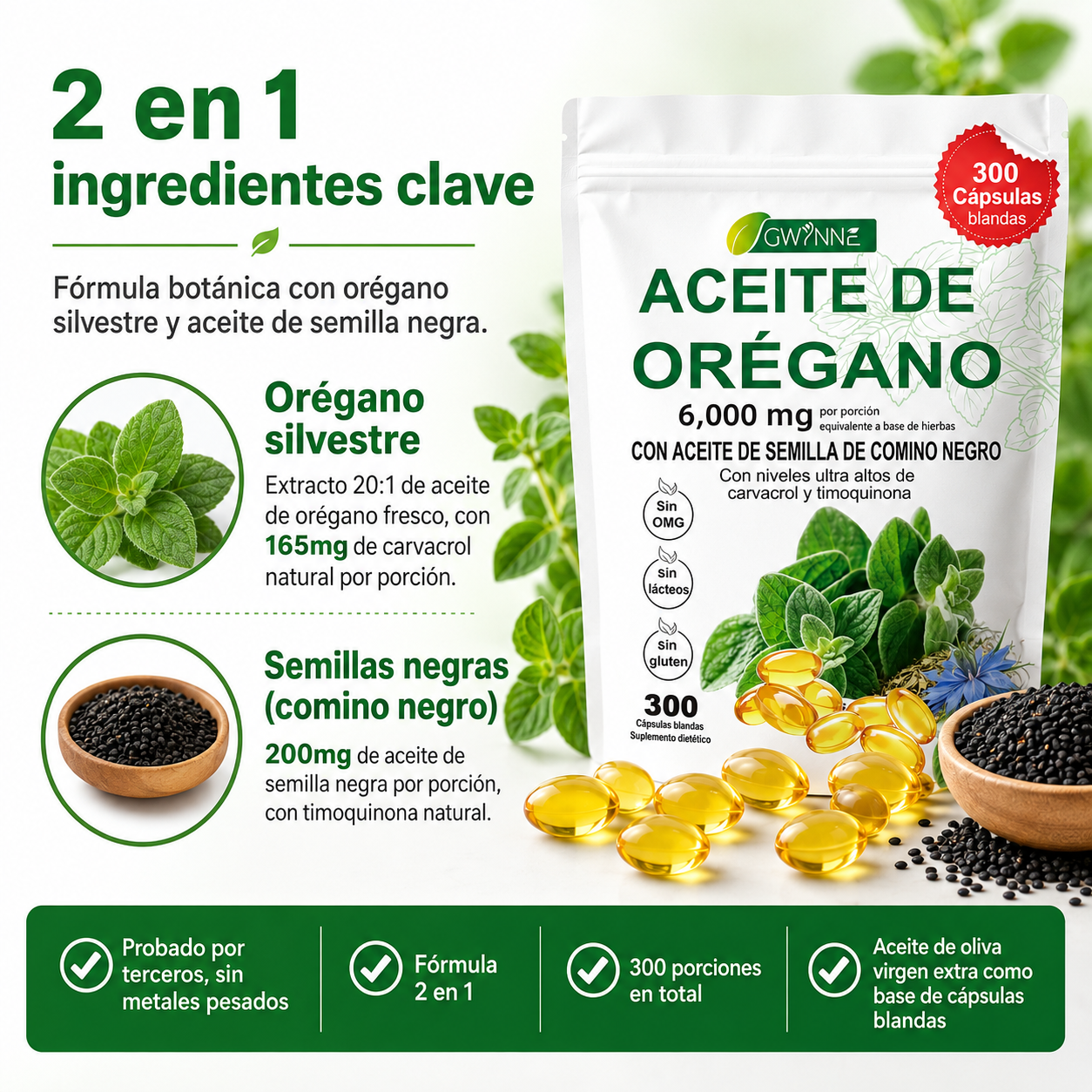 Gwynne Micro Ingredients Aceite De Orégano Cápsulas Oil Of Oregano Blandas 6000mg Por Dosis 300 Cápsulas
