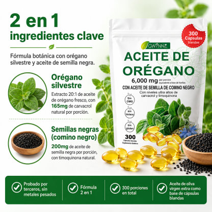 Gwynne Micro Ingredients Aceite De Orégano Cápsulas Oil Of Oregano Blandas 6000mg Por Dosis 300 Cápsulas