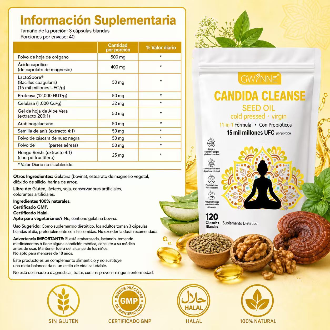 Gwynne Candida Cleanse Seed Oil 120 Cápsulas,hierbas Naturales Para La Desintoxicación Intestinal Con 15 Billion Cfu,11-in-1 Formula Con Hoja De Orégano,ácido Caprílico Y Probiotics