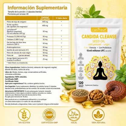 Gwynne Candida Cleanse Seed Oil 120 Cápsulas,hierbas Naturales Para La Desintoxicación Intestinal Con 15 Billion Cfu,11-in-1 Formula Con Hoja De Orégano,ácido Caprílico Y Probiotics