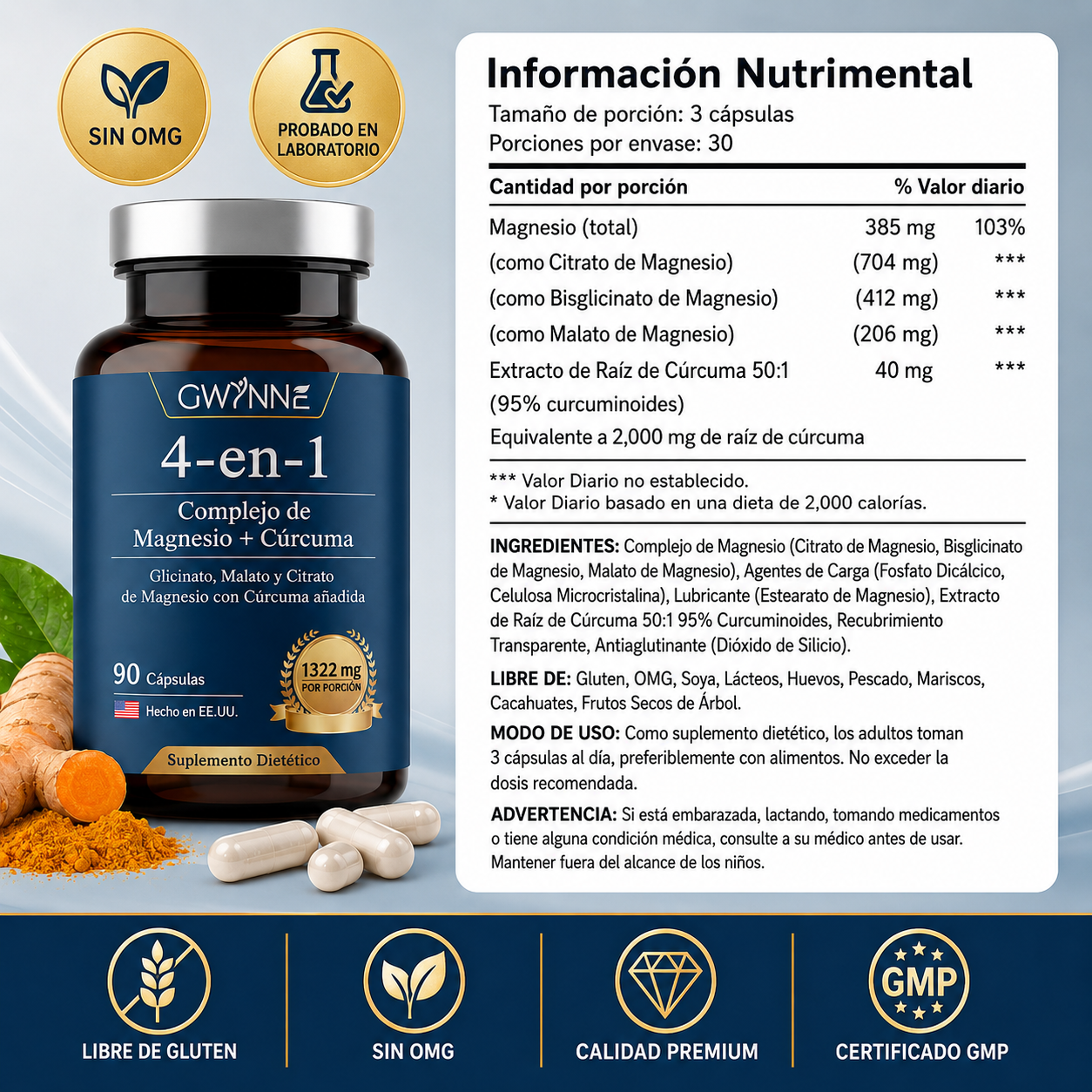 Gwynne 4 En 1 Triple Magnesium Complex:1322mg De Glicinato De Magnesio,malato De Magnesio Y Citrato De Magnesio,2000 Mg De Curcumina,para Fortalecer Los Músculos,los Nervios Y La Energía 90 Cápsulas