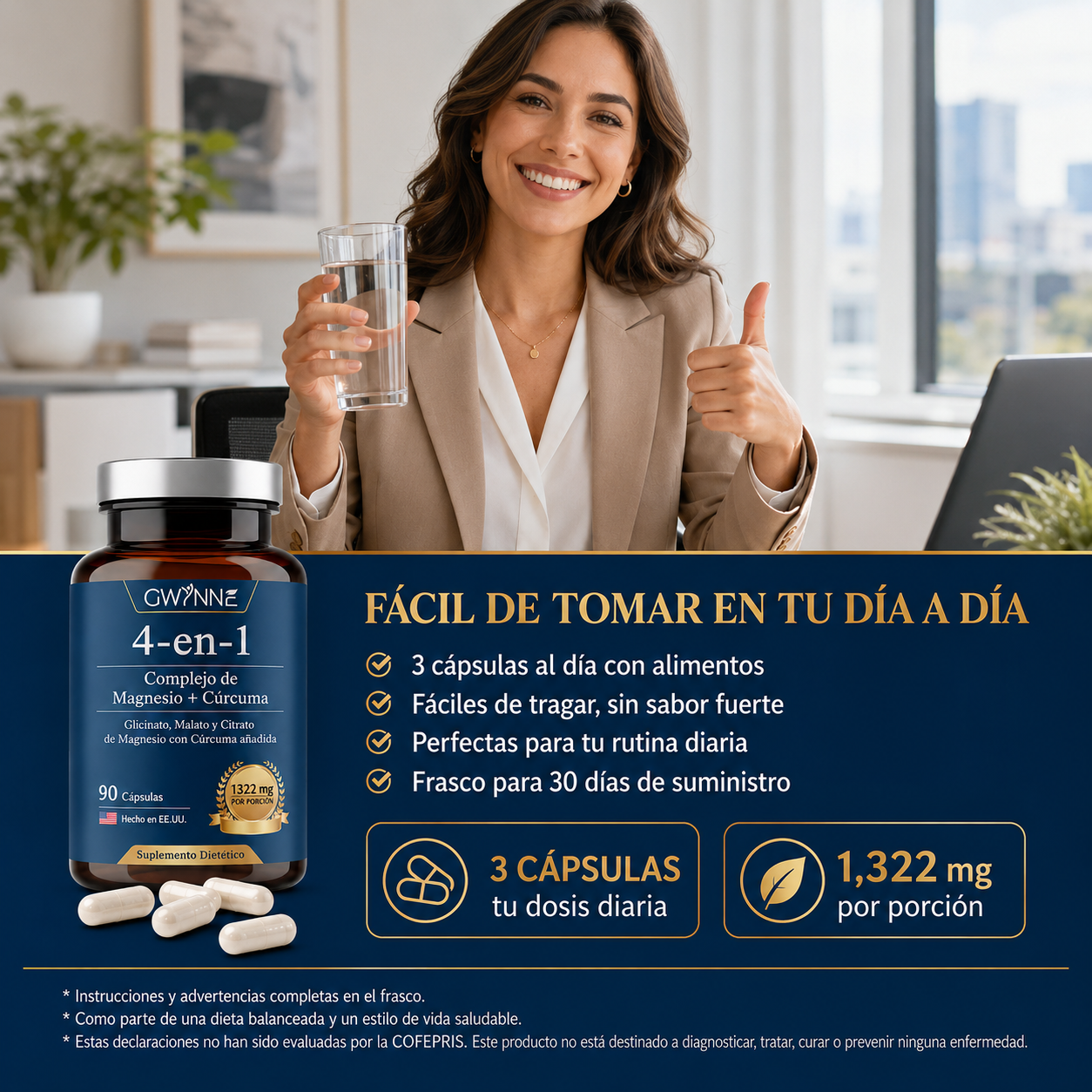 Gwynne 4 En 1 Triple Magnesium Complex:1322mg De Glicinato De Magnesio,malato De Magnesio Y Citrato De Magnesio,2000 Mg De Curcumina,para Fortalecer Los Músculos,los Nervios Y La Energía 90 Cápsulas