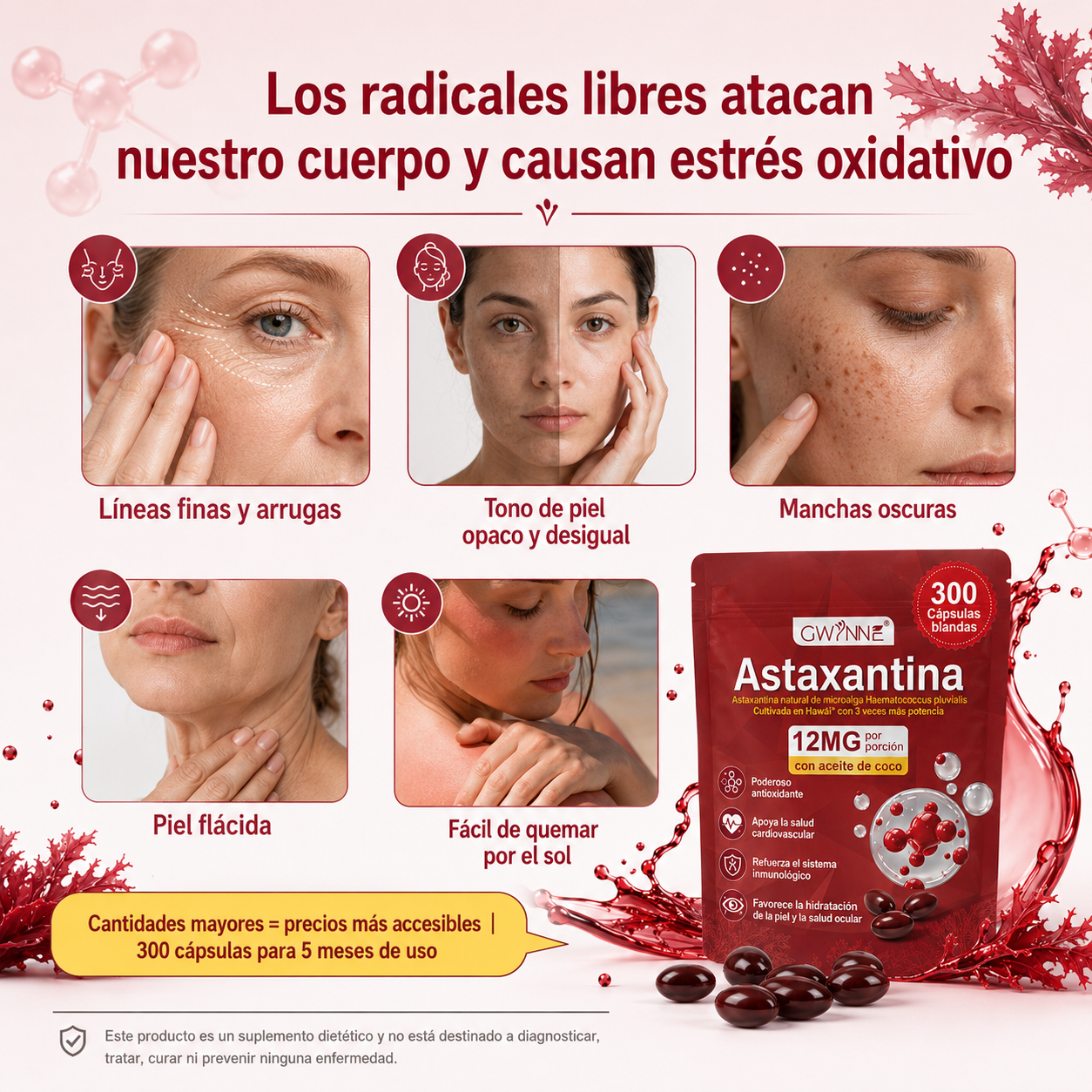 Gwynne Astaxantina 12 Mg 300 Cápsulas Blandas Antioxidante,astaxantina Antioxidant From Fresh Haematococcus Pluvialis,apoya La Salud Ocular, Articular Y Cutánea