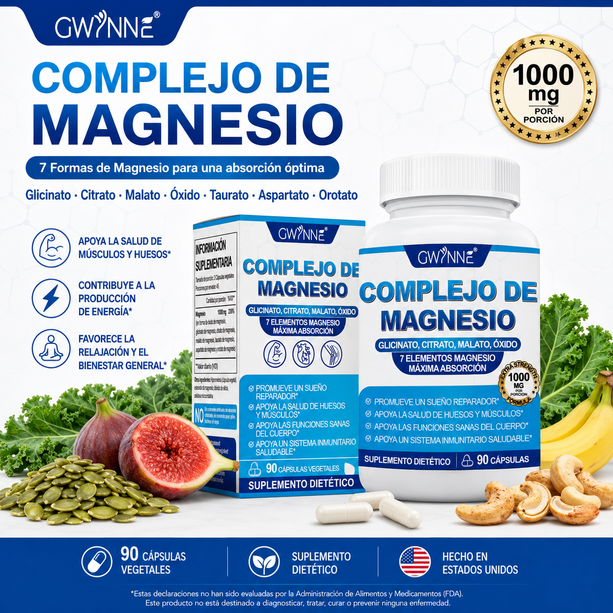 Gwynne Suplemento Complejo De Magnesio 7 Elemental 1000mg - Glicinato,citrato,malato,taurato De Magnesio, Quelatado Para Fácil Absorción Para Huesos,músculos,recuperación,energía,90 Cápsulas