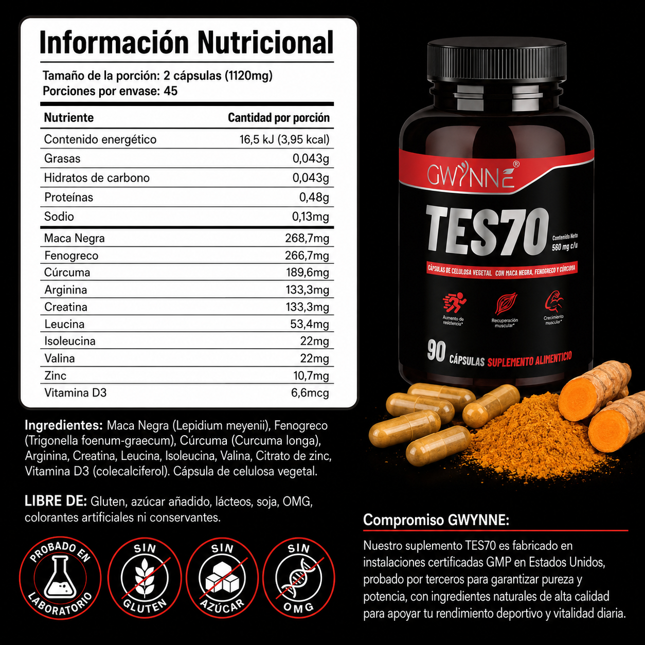 Gwynne Tes70 560mg Con Maca Negra,fenogreco,creatina Y Cúrcuma,aumento De Resistencia, Recuperación Muscular Y Crecimiento Muscular,90 Cápsulas