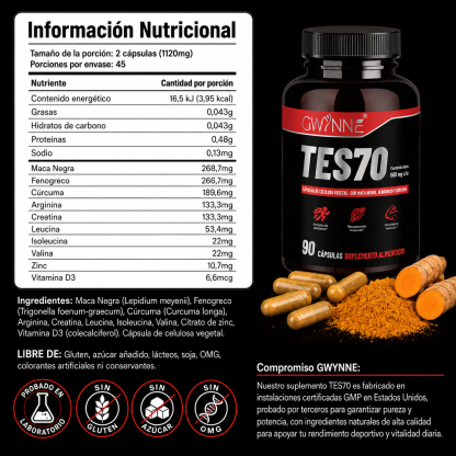 Gwynne Tes70 560mg Con Maca Negra,fenogreco,creatina Y Cúrcuma,aumento De Resistencia, Recuperación Muscular Y Crecimiento Muscular,90 Cápsulas