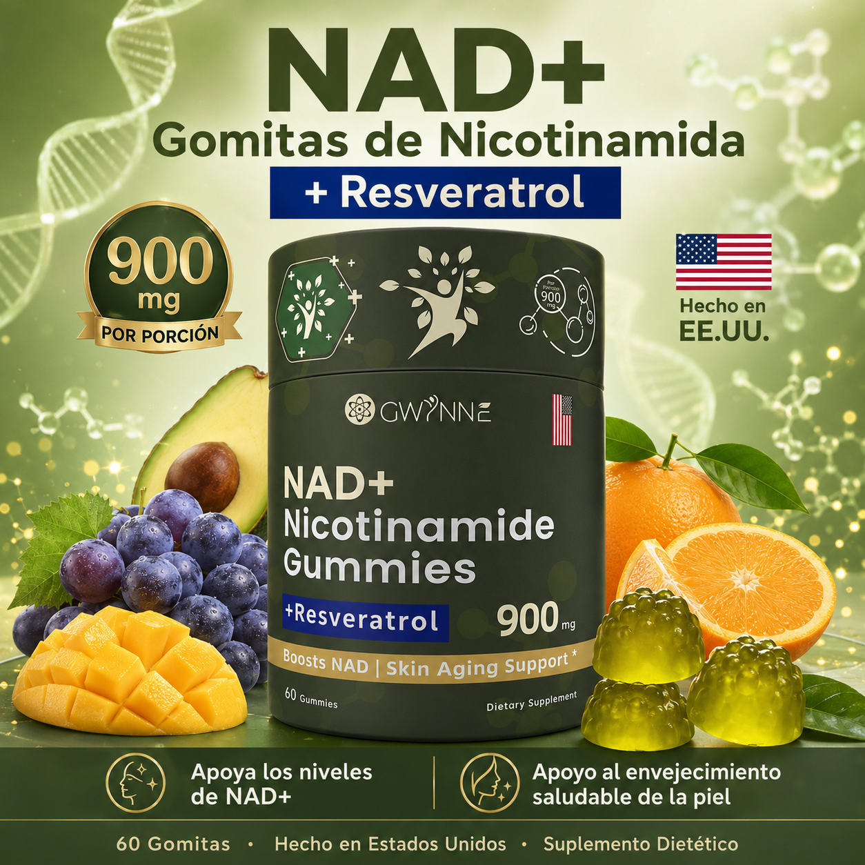 Gwynne Nicotinamida Ribosida Liposomal Con Resveratrol Y Quercetina Suplementos Nad Alta Pureza 900mg Contiene vitamina K2, D3 y quercetina 60 Gominolas