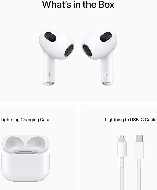 Apple AirPods (3rd Generation) Wireless Ear Buds, Bluetooth Headphones, Personalized Spatial Audio, Sweat and Water Resistant, Lightning Charging Case Included, Up to 30 Hours of Battery Life