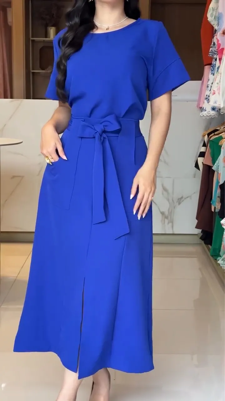 Abito lungo donna con scollo tondo e fiocco elegante