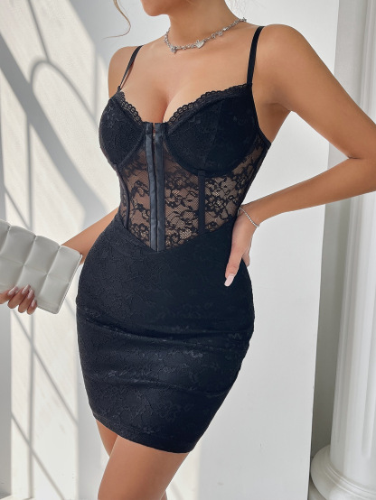 Abito abbottonato con arricciatura in pizzo a spina di pesce