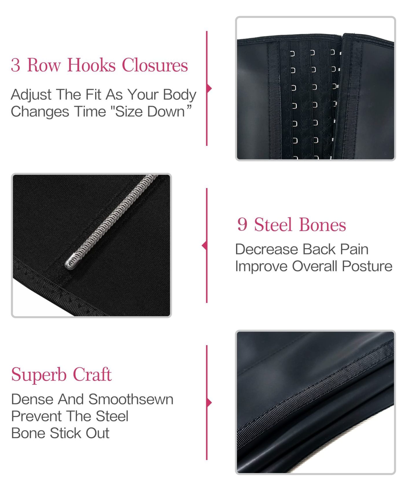  Women Latex Short Torso Waist Trainer 9 Steel Bones 3 Row Hooks