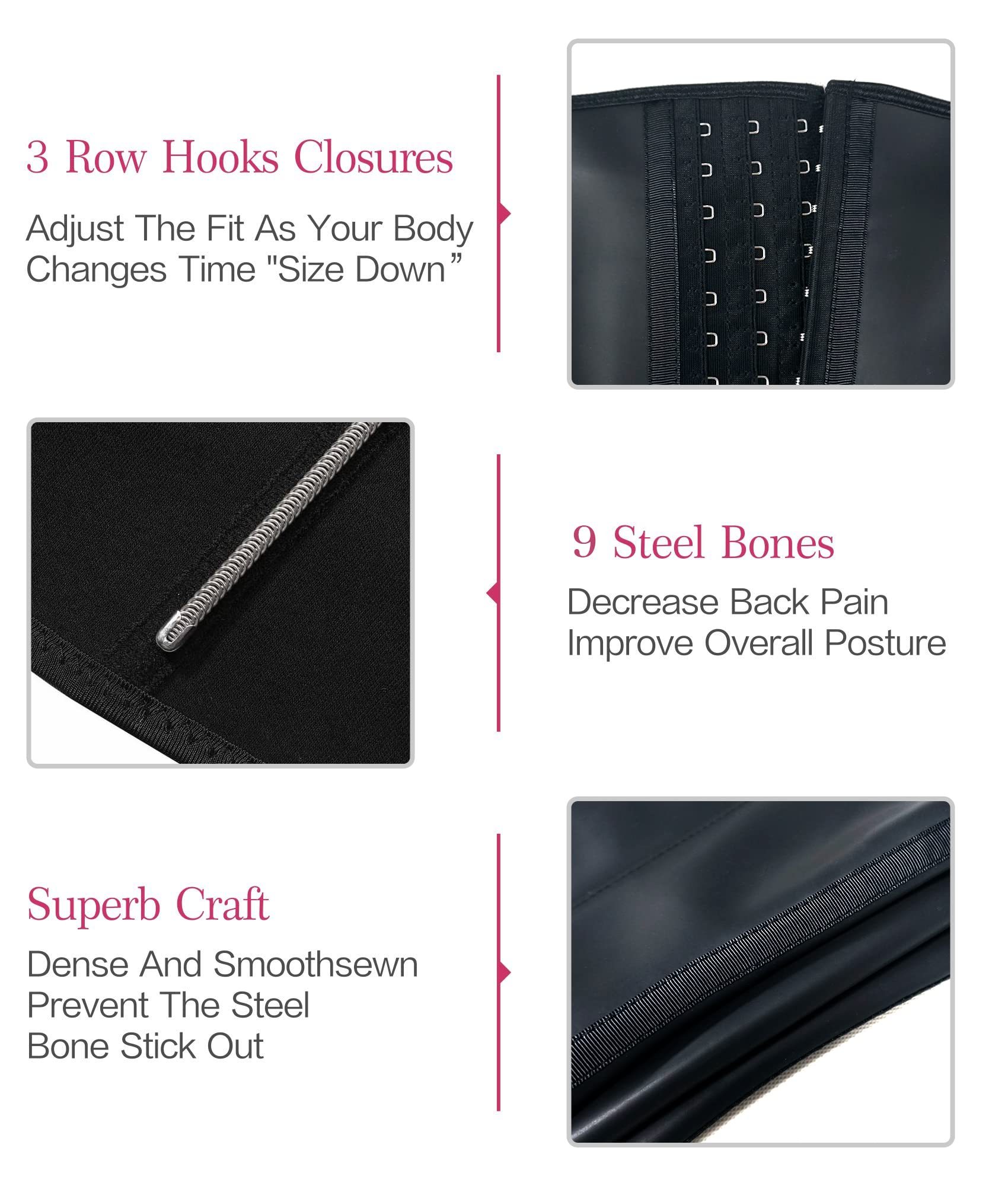  Women Latex Short Torso Waist Trainer 9 Steel Bones 3 Row Hooks