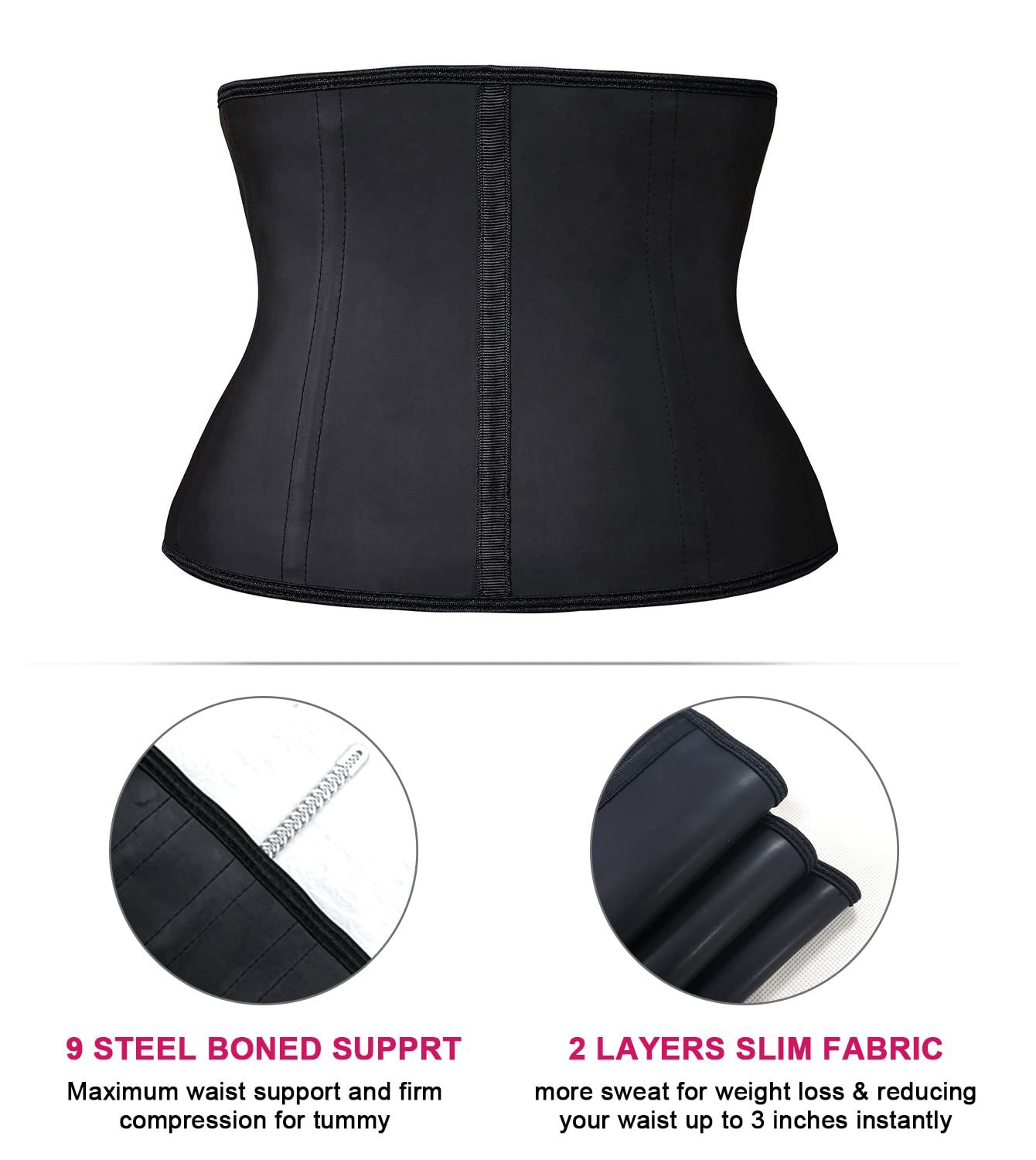  Women Latex Short Torso Waist Trainer 9 Steel Bones 3 Row Hooks