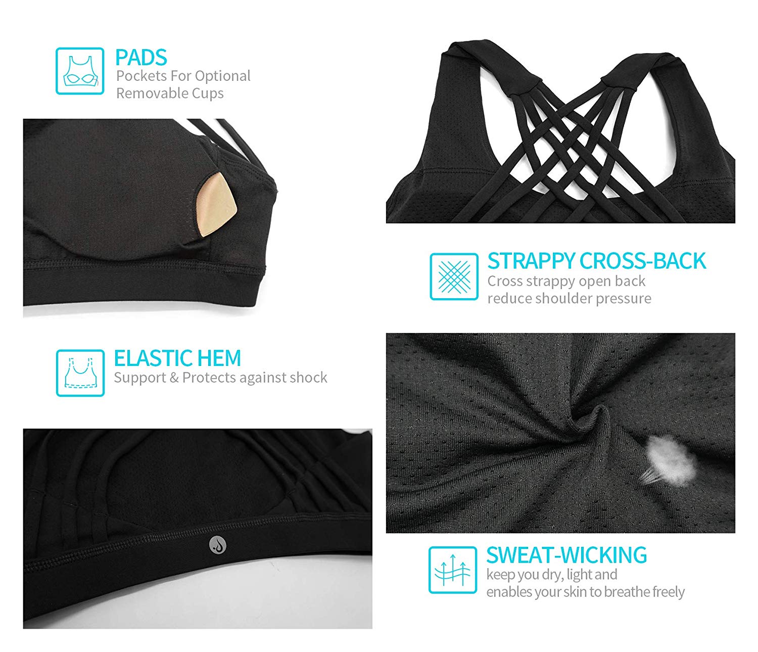  Sports Bras for Women - Strappy Sports Bra Padded for Yoga, Running, Fitness - Athletic Gym Tops