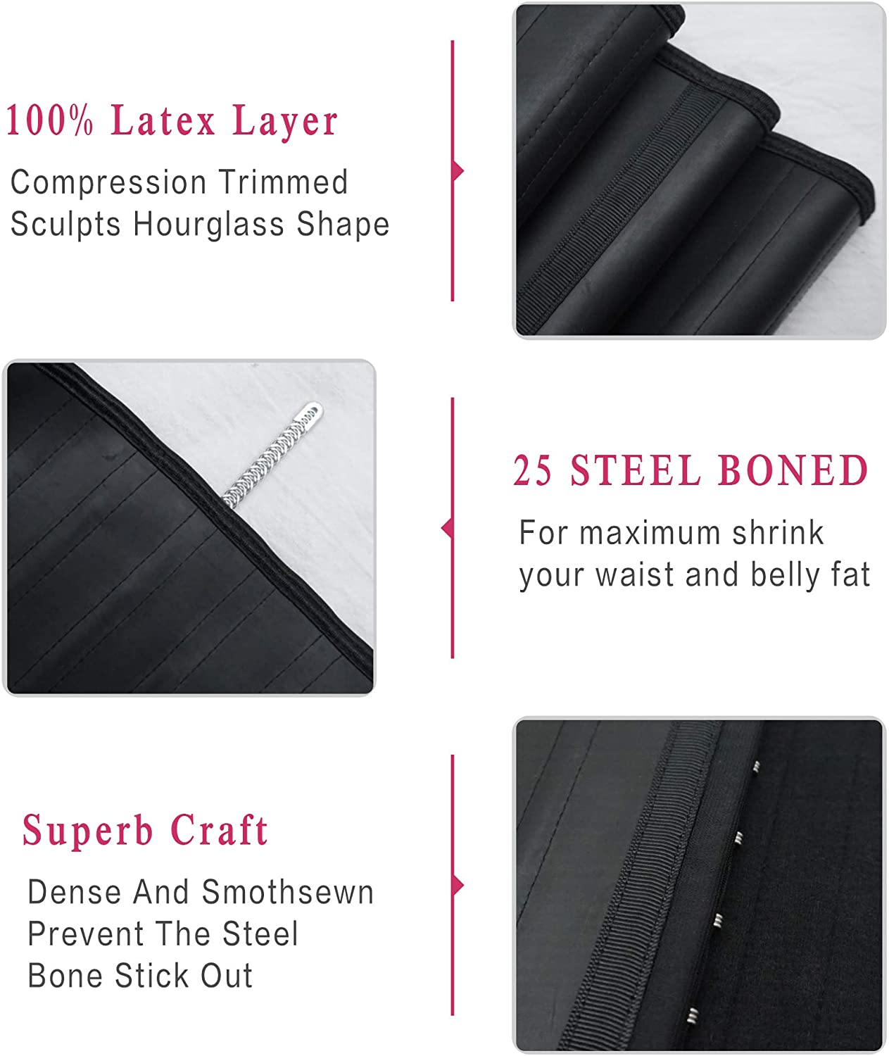 Cintura dimagrante in lattice da donna, 25 stecche in acciaio, 4 file di ganci