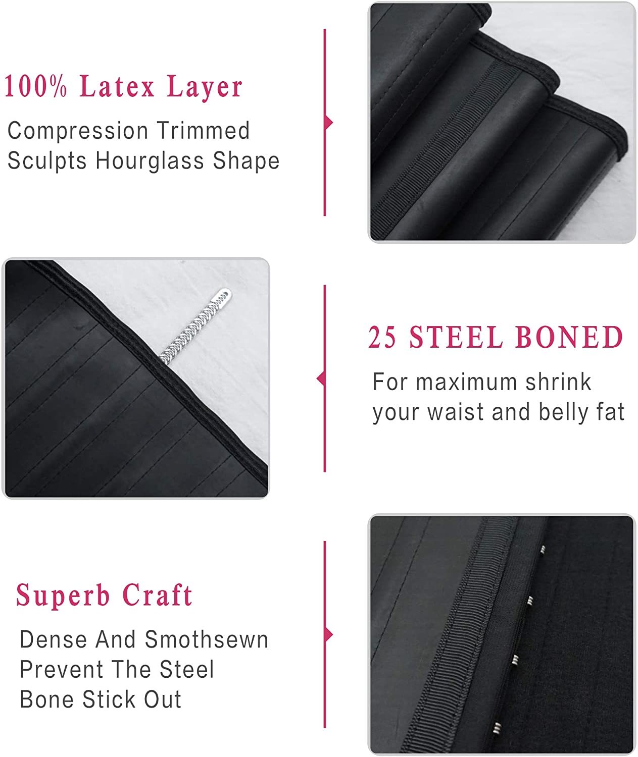 Cintura dimagrante in lattice da donna, 25 stecche in acciaio, 4 file di ganci