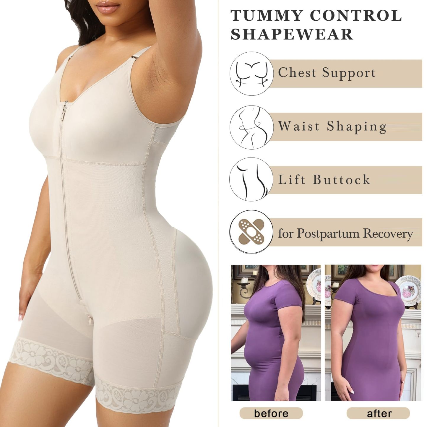  Fajas Colombianas Postpartum Shapewear for Women Tummy Control Butt Lifter Body Shaper with Zipper Crotch