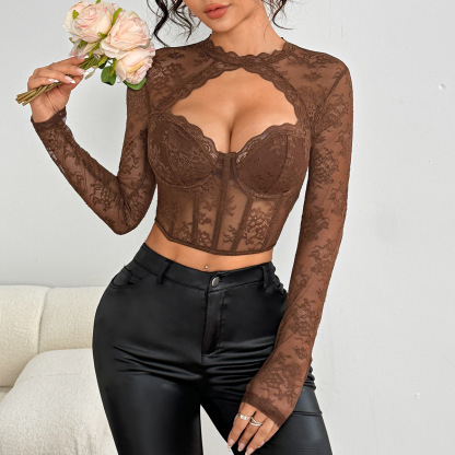 Top modellante a spina di pesce in acciaio cavo con pizzo floreale
