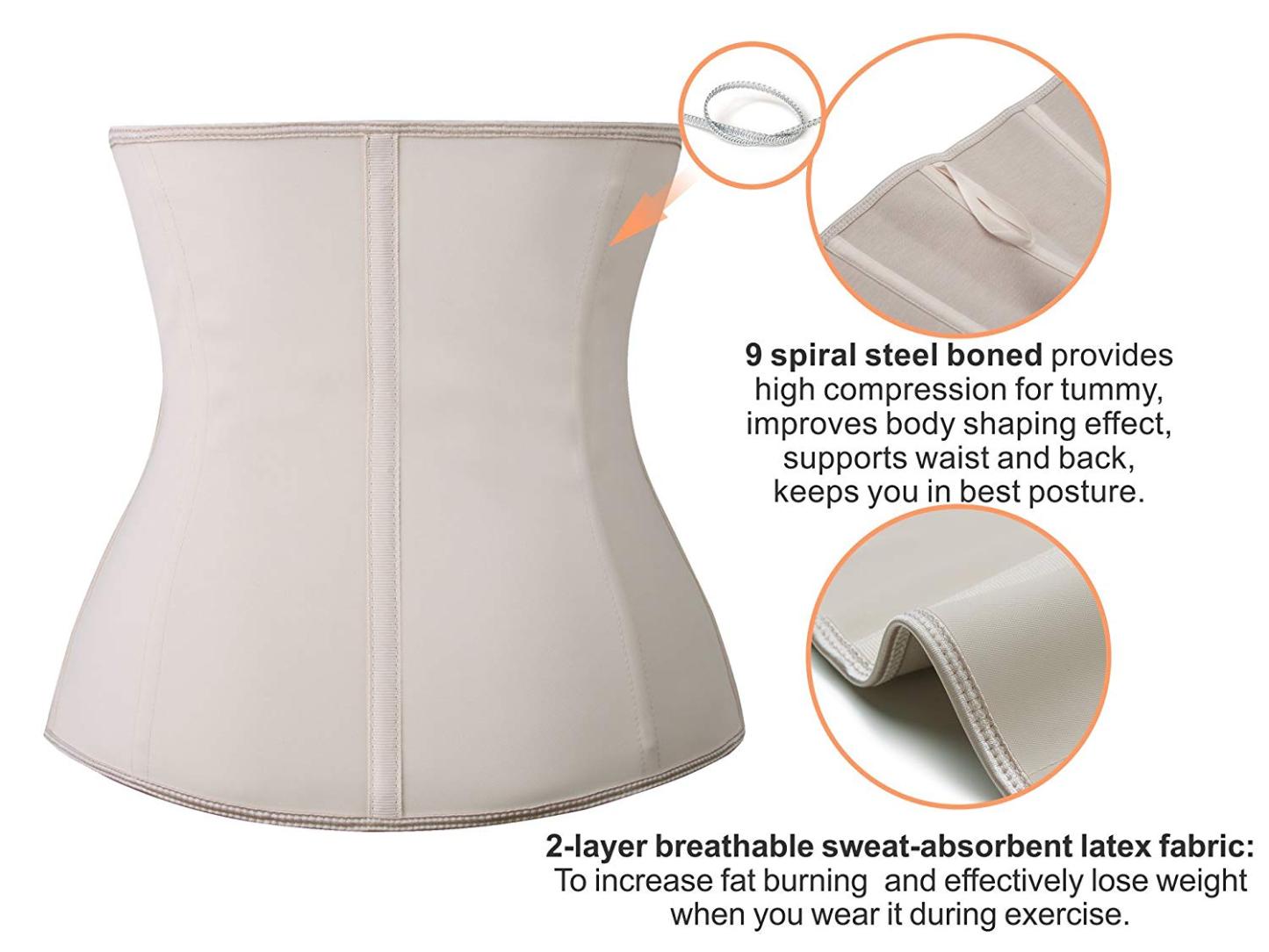 Corsetti da allenamento per la vita con cerniera in lattice da donna, 9 stecche d'acciaio