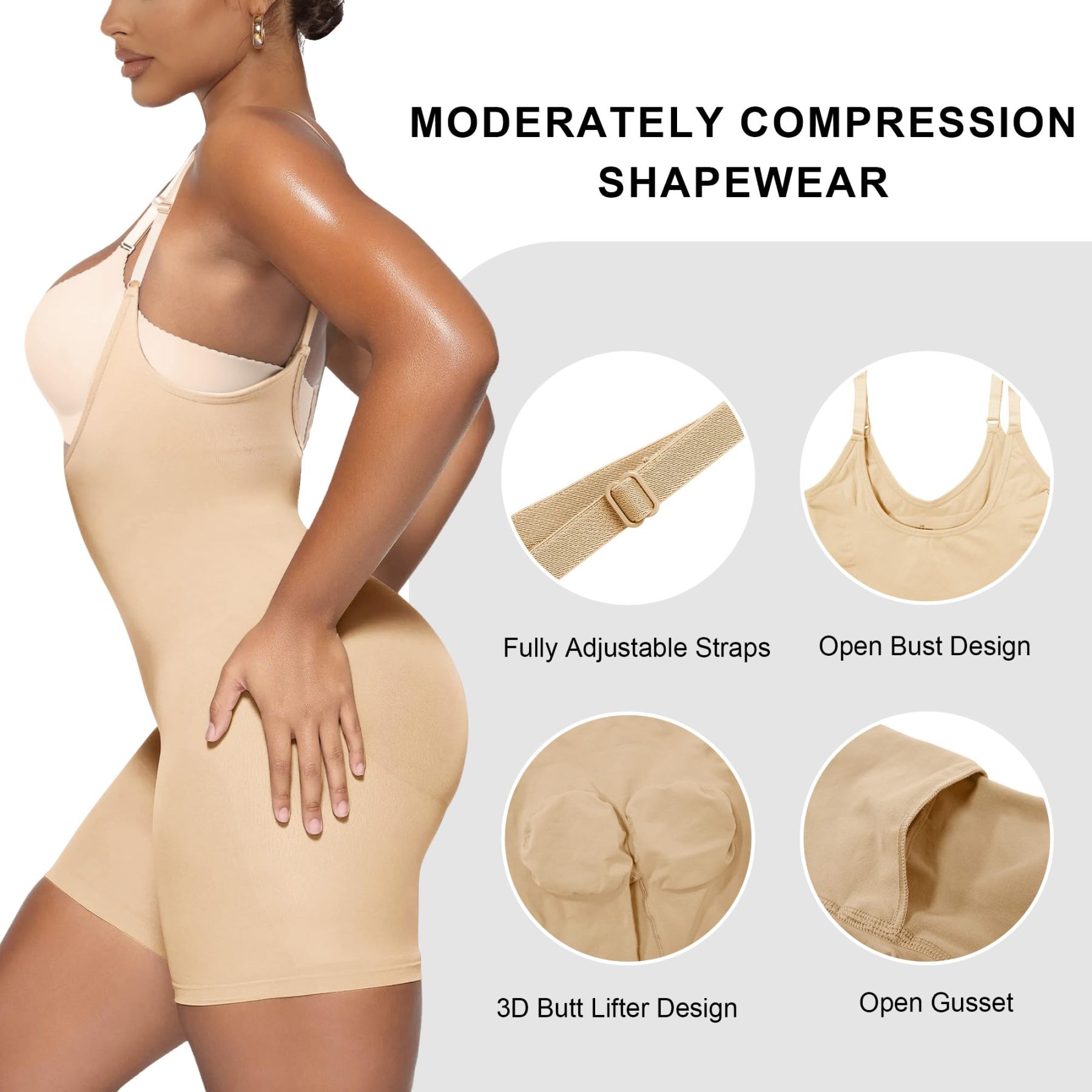  Bodysuit for Women Tummy Control Shapewear Open Bust Mid-Thigh Sculpting Body Shaper