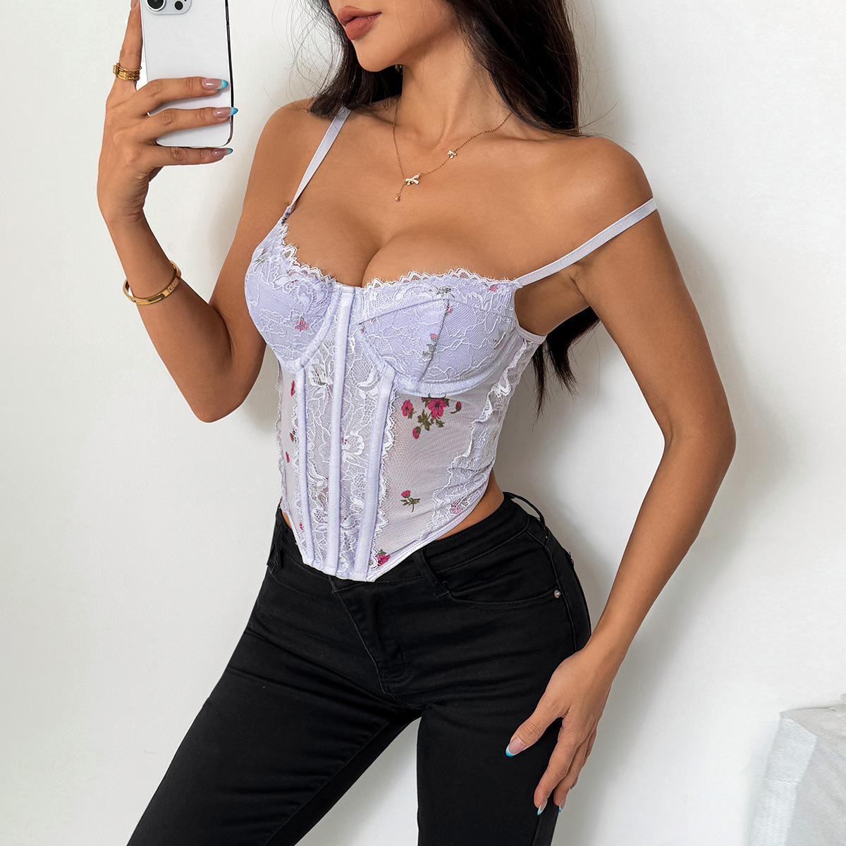 Top modellante in pizzo sexy con stampa a rete