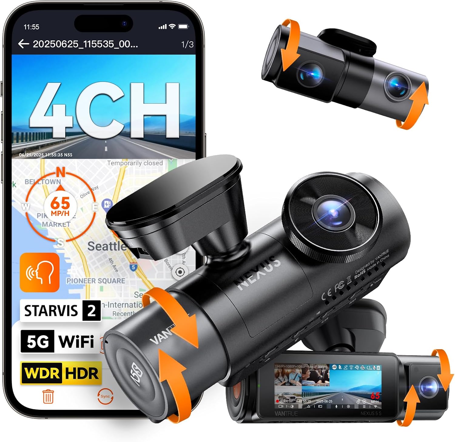 Garmin Vantrue N5S négycsatornás 360°-os WiFi-s autós kamera, STARVIS 2 csillagos égbolt képalkotás, infravörös éjjellátó, kettős felvétel (2.7K + 1080P*2 + 1440P), hangvezérlés, GPS-pozícionálás, 24 órás parkolófigyelés, infravörös éjjellátó, akár 1 TB m