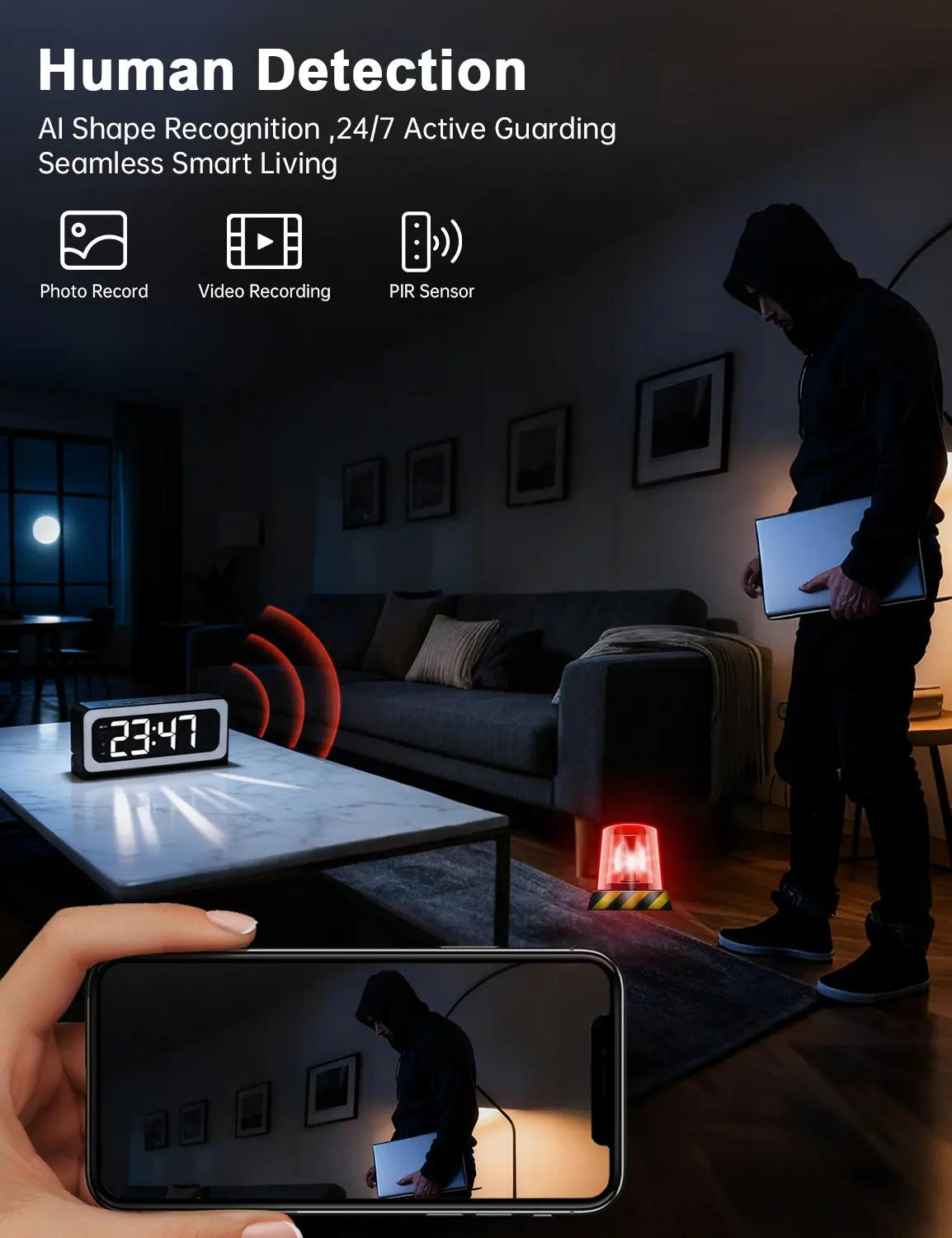 2K HD WiFi-s órakamera – Vezeték nélküli biztonsági kamera éjszakai színes látásmóddal, mozgásérzékeléssel, hurokfelvétellel, 2,4 GHz-es WiFi-kapcsolattal, akkumulátoros tápellátással és távoli élőképes megfigyelési lehetőséggel otthonok és irodák számára
