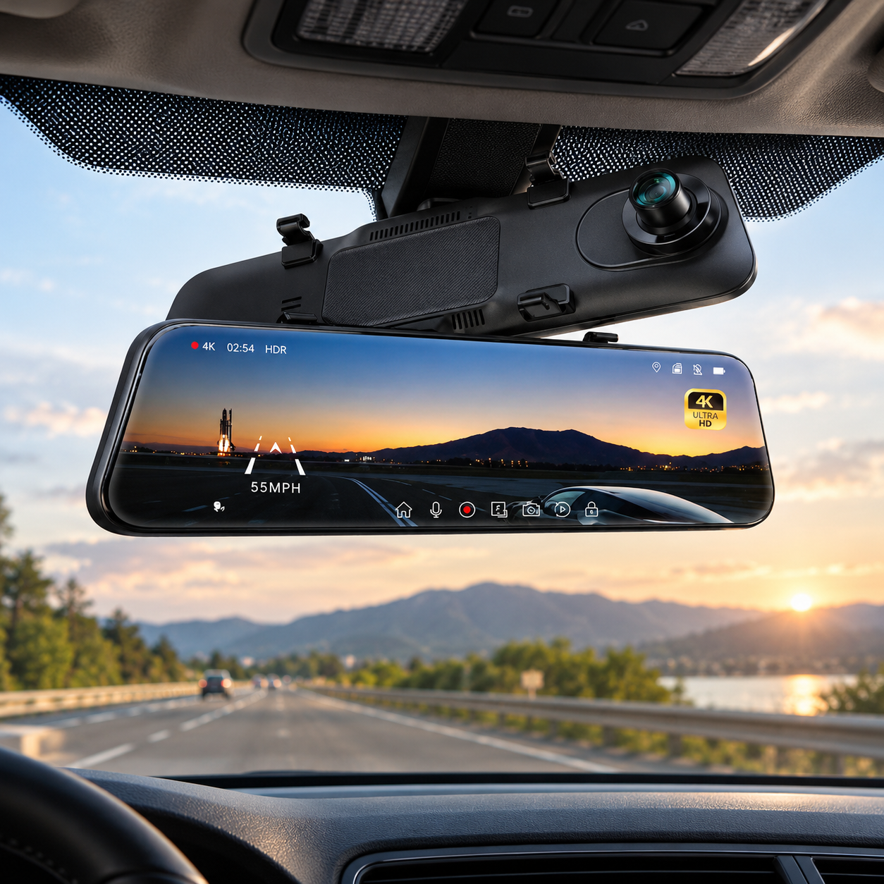 Pelsee P12 Pro 4K visszapillantó tükörbe épített fedélzeti kamera, 12 hüvelykes kijelzővel, ADAS és BSD funkciókkal ellátott intelligens vezetéstámogató rendszerrel, 2160P felbontású első és hátsó kamerával, hangvezérléssel, éjszakai üzemmóddal, parkolásf