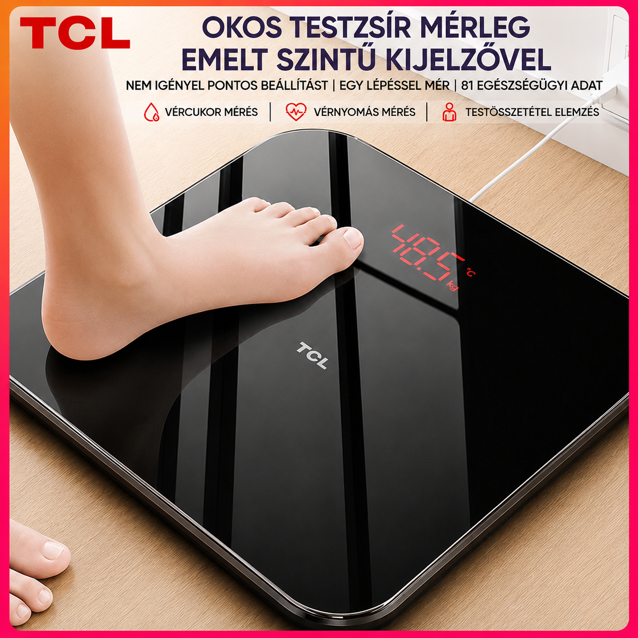 TCL napelemes testzsír-/súlymérleg, kicsi, pontos, okos, otthoni és kollégiumi használatra.