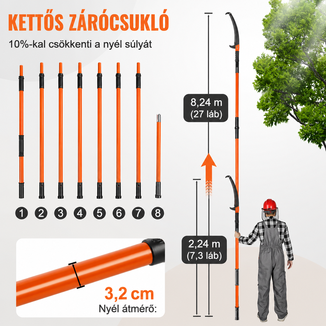 VEVOR kézi magas ágvágó fűrész, 2,2 - 8,2 m teleszkópos ágvágó, éles acélpengékkel, alkalmas magas ágak metszésére, és könnyű, 2,4 m hosszú üvegszálas nyéllel pálmafák és cserjék metszéséhez.
