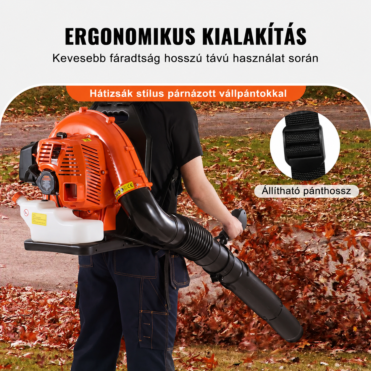 A VEVOR háti lombfúvó 79 köbcentis kétütemű benzinmotorral, 3 literes üzemanyagtartállyal, 930 CFM légáramlással és 184 MPH szélsebességgel ideális gyepápoláshoz, levéleltávolításhoz és hóeltakarításhoz.