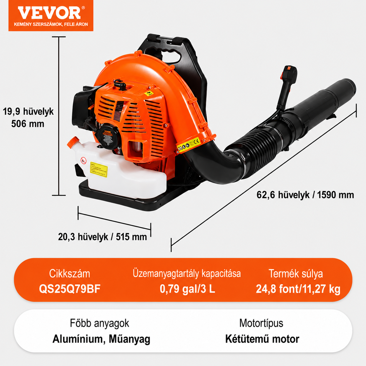 A VEVOR háti lombfúvó 79 köbcentis kétütemű benzinmotorral, 3 literes üzemanyagtartállyal, 930 CFM légáramlással és 184 MPH szélsebességgel ideális gyepápoláshoz, levéleltávolításhoz és hóeltakarításhoz.