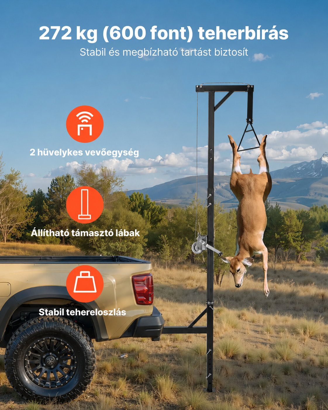 ✨VEVOR teherautóra akasztható vaddaru, 600 font teherbírású, vadászdaru 2 hüvelykes vevővel, 360 fokos forgótengellyel és állítható magassággal, dupla horgos csörlővel a vad nyúzásához és tisztításához.