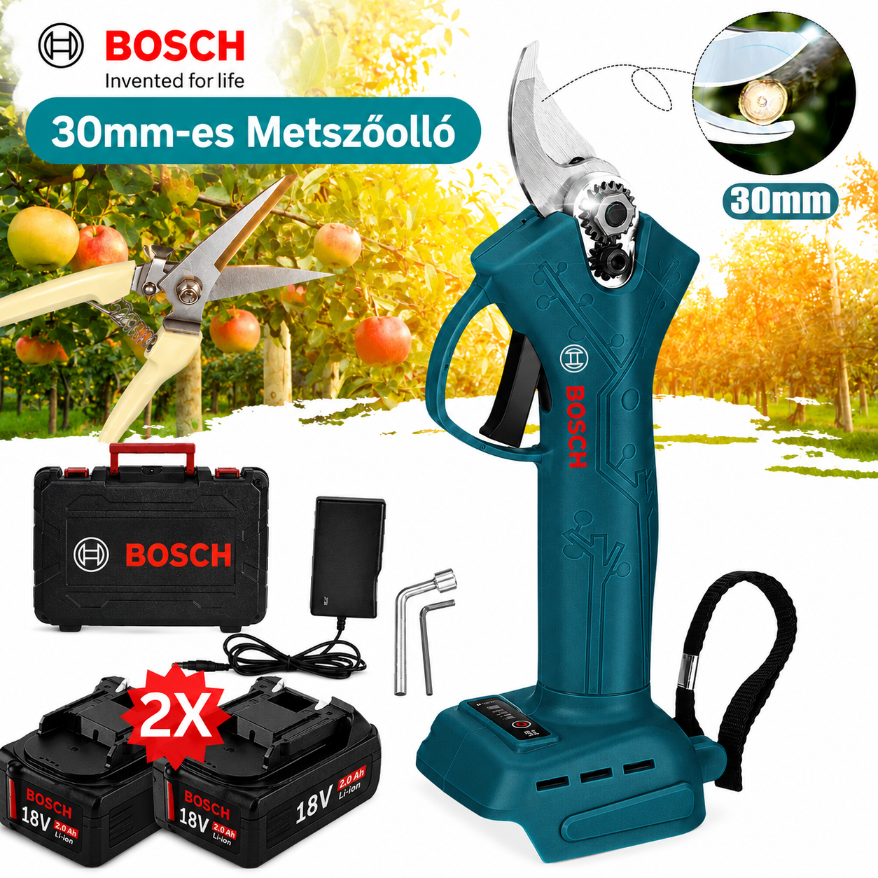 BOSCH 30 mm-es Akkumulátoros Elektromos Metővágó Olló 2 akkumulátorral