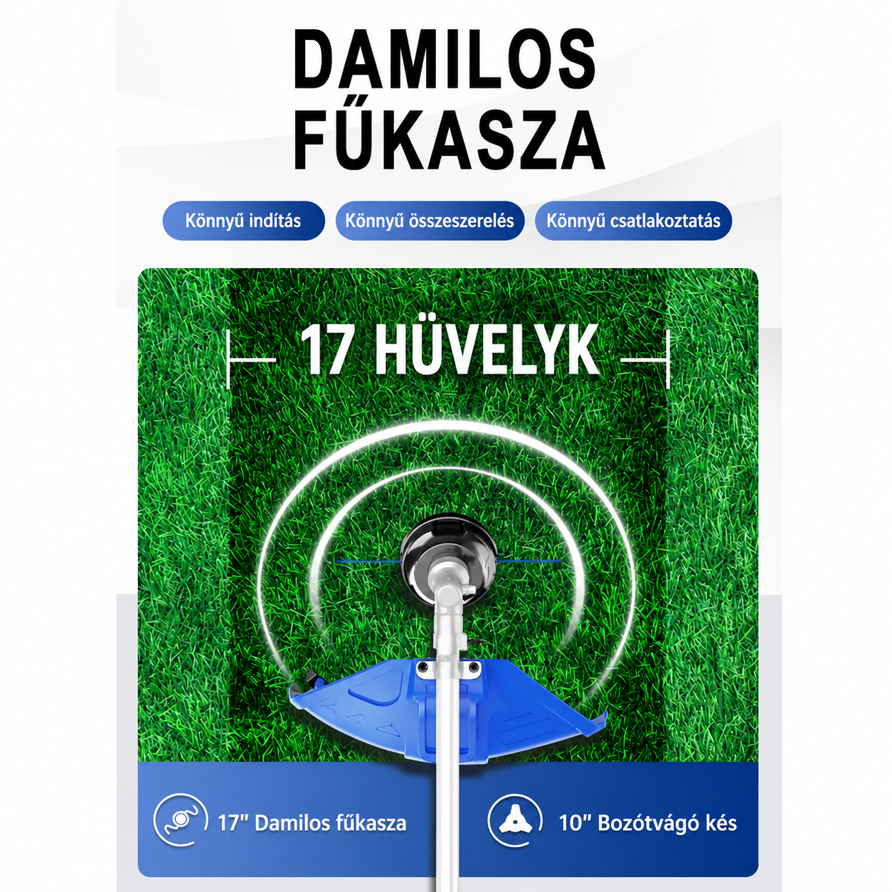 3 az 1-ben fűnyíró/szegélynyíró, 43 cm vágási szélességgel, 25 cm-es bozótvágóval, gumi fogantyúval és vállpánttal, 2 akkumulátorral.