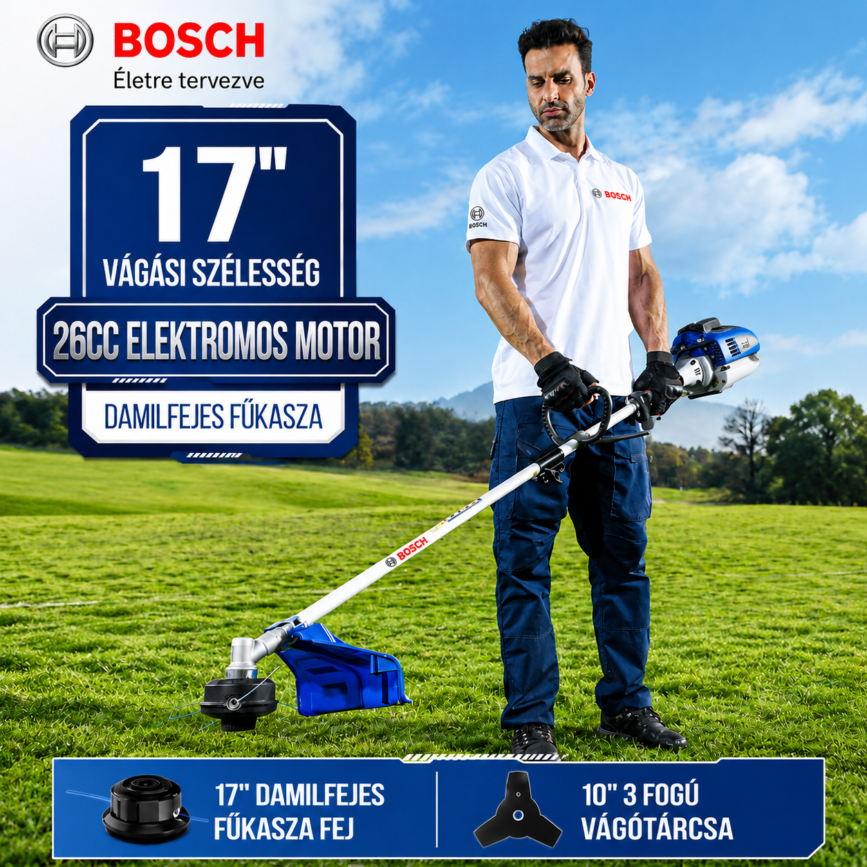 3 az 1-ben fűnyíró/szegélynyíró, 43 cm vágási szélességgel, 25 cm-es bozótvágóval, gumi fogantyúval és vállpánttal, 2 akkumulátorral.