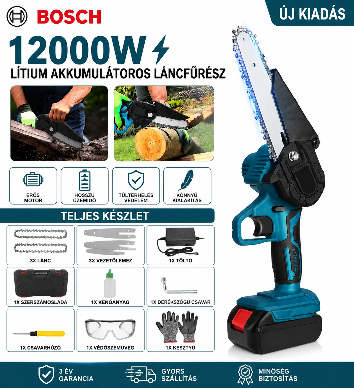 4"/6" Akkumulátoros Favágó Láncfűrész 2 Akkumulátorral