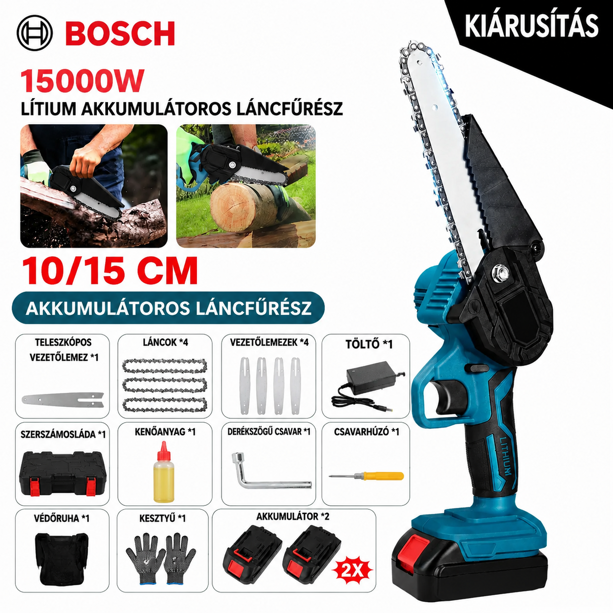 4"/6"  Akkumulátoros  Favágó  Láncfűrész  2  Akkumulátorral