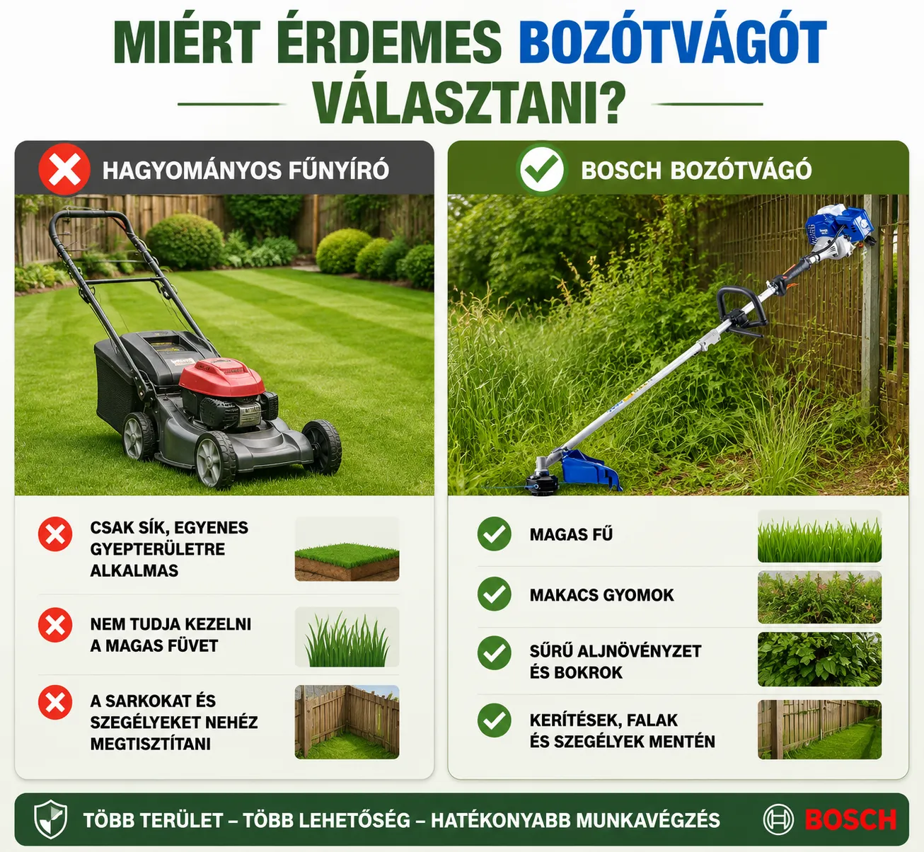 BOSCH 15000 W kefe nélküli lítium-elektromos többcélú fűnyíró