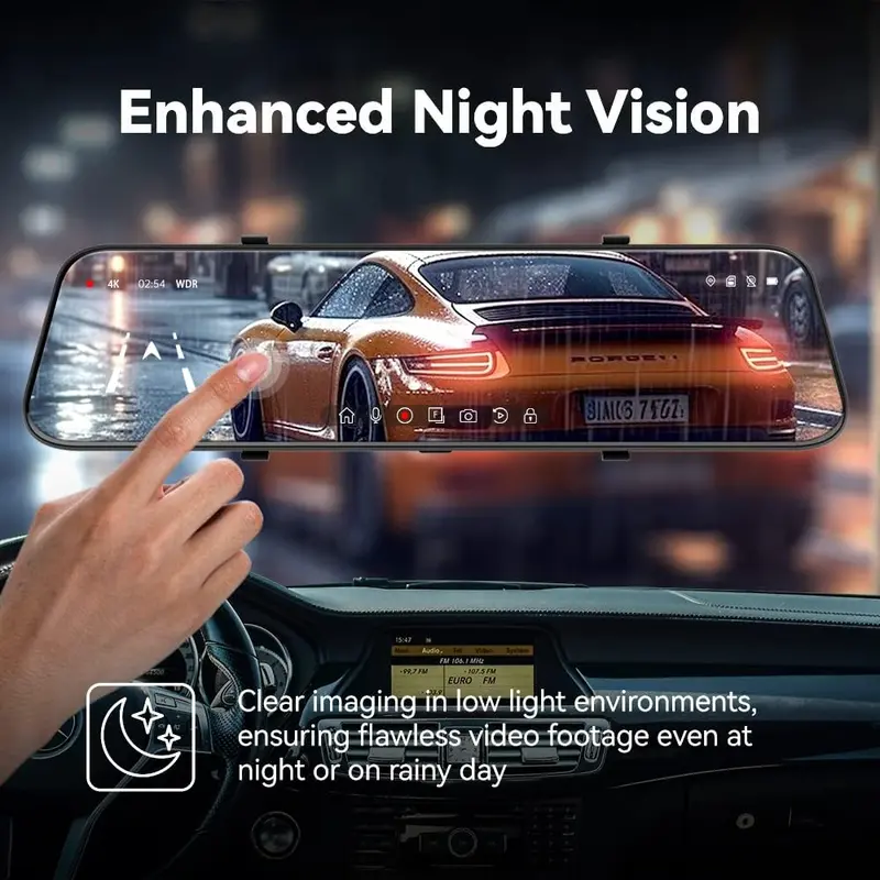 Pelsee P12 Pro 4K visszapillantó tükörbe épített fedélzeti kamera, 12 hüvelykes kijelzővel, ADAS és BSD funkciókkal ellátott intelligens vezetéstámogató rendszerrel, 2160P felbontású első és hátsó kamerával, hangvezérléssel, éjszakai üzemmóddal, parkolásf