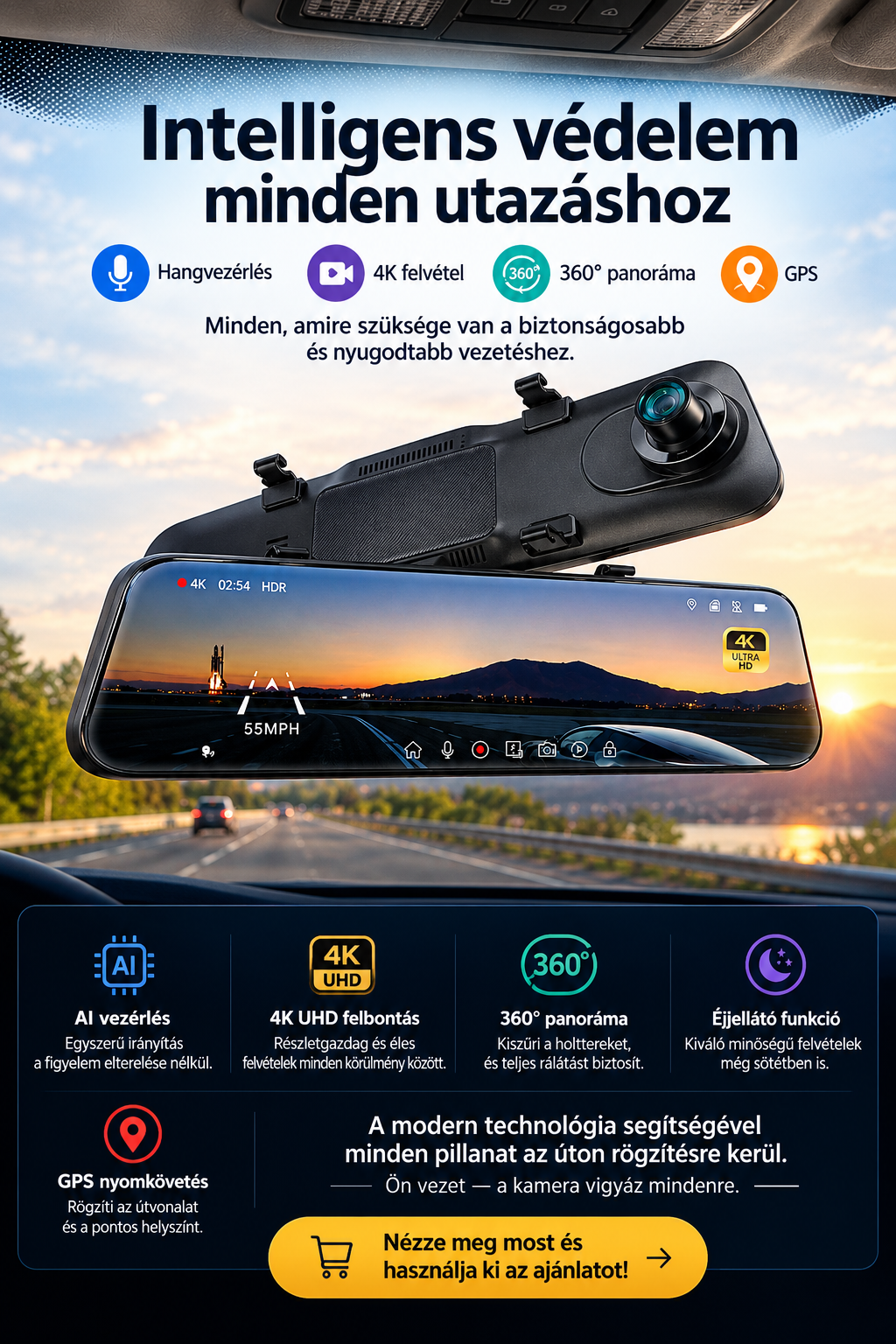 Pelsee P12 Pro 4K visszapillantó tükörbe épített fedélzeti kamera, 12 hüvelykes kijelzővel, ADAS és BSD funkciókkal ellátott intelligens vezetéstámogató rendszerrel, 2160P felbontású első és hátsó kamerával, hangvezérléssel, éjszakai üzemmóddal, parkolásf