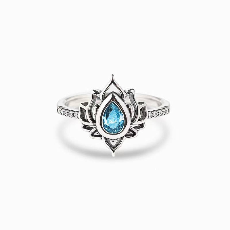 Anello con fiore a forma di goccia d'acqua e anello di loto (pietra preziosa naturale lucidata a mano dal Myanmar)