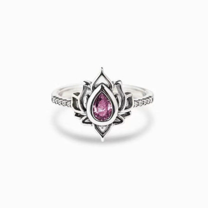 Anello con fiore a forma di goccia d'acqua e anello di loto (pietra preziosa naturale lucidata a mano dal Myanmar)