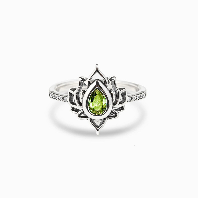 Anello con fiore a forma di goccia d'acqua e anello di loto (pietra preziosa naturale lucidata a mano dal Myanmar)