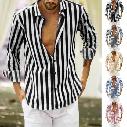 Camicia a righe in cotone e lino con bottoni da uomo primavera